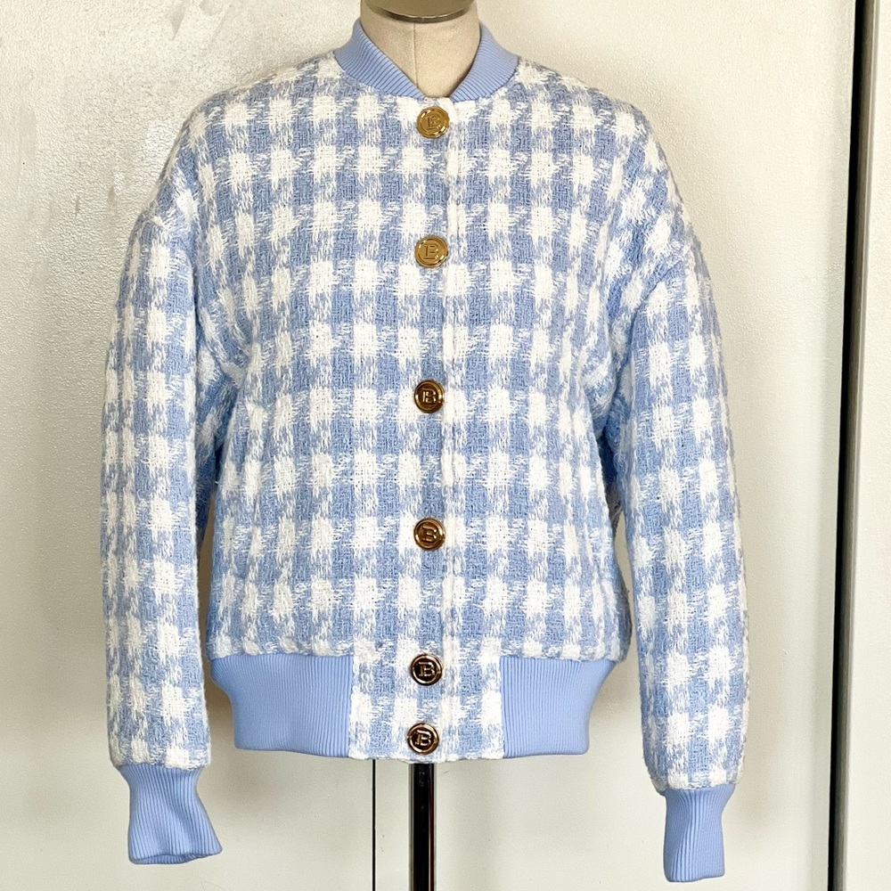 NWT Balmain Light Blue Tweed Bomber Jacket - Picture 3 of 12